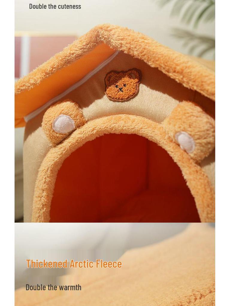 House Cat & Small Dog Winter Teddy House with Detachable, Washable Pet Mat - Warm Four Seasons Enclosed Bed