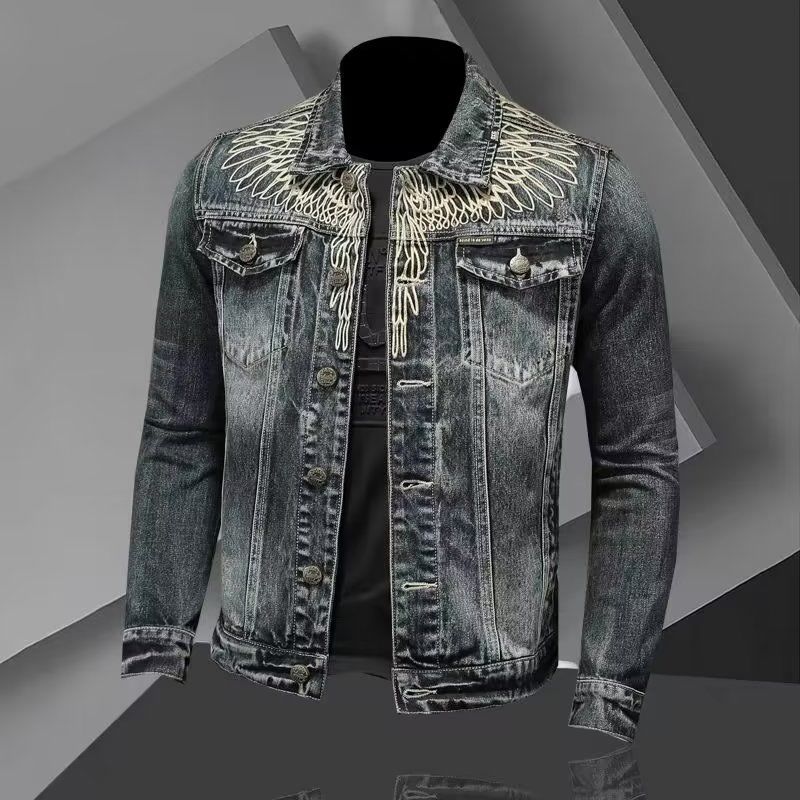 Herren Retro Jeansjacke High Street Trendy Bestickte Revers Motorradjacke Lockere Freizeitmode Vielseitige Herrenbekleidung