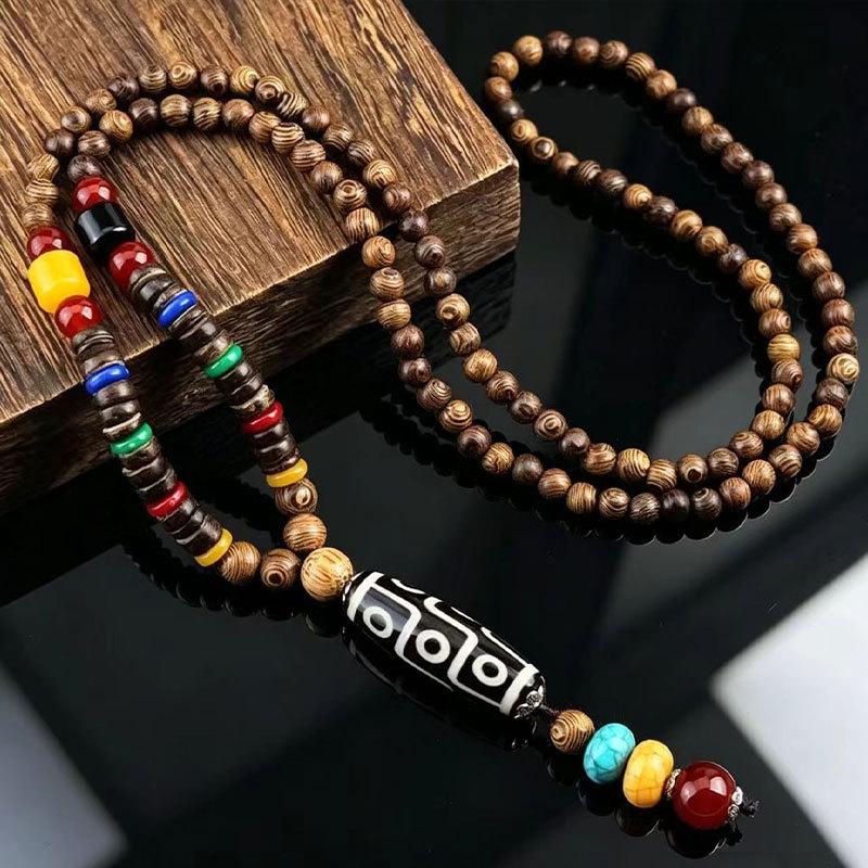 Ethnic Retro Vajra Bodhi Pendant Necklace with Wooden Beads