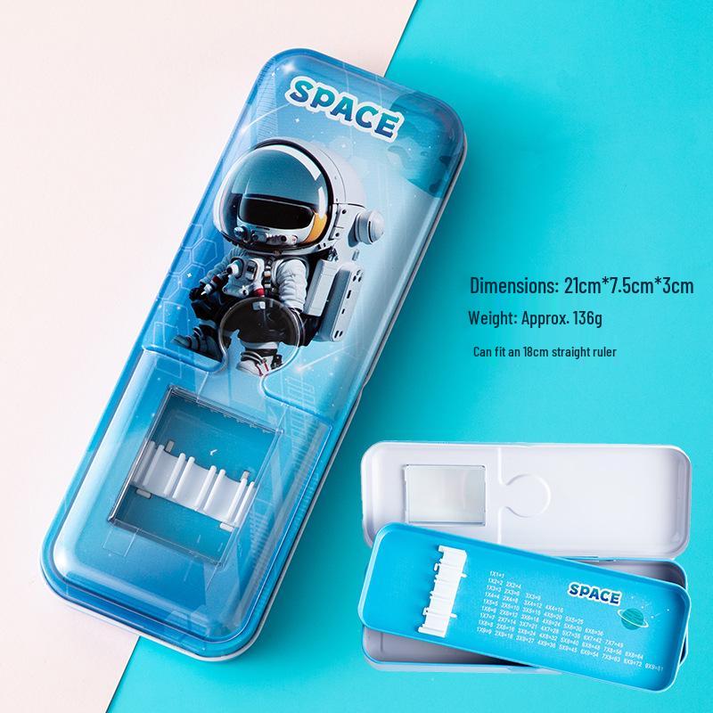 Cartoon Double-Layer Metal Pencil Case with Clip for Kindergarten & Grade 1 Students