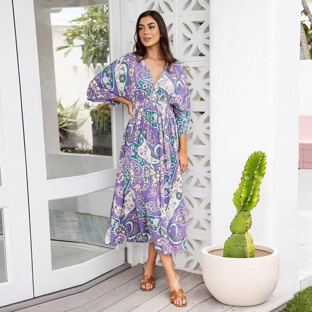 

Элегантное фиолетовое платье макси с цветочным принтом и боковым разрезом, летнее повседневное длинное платье для женщин S фиолетовый