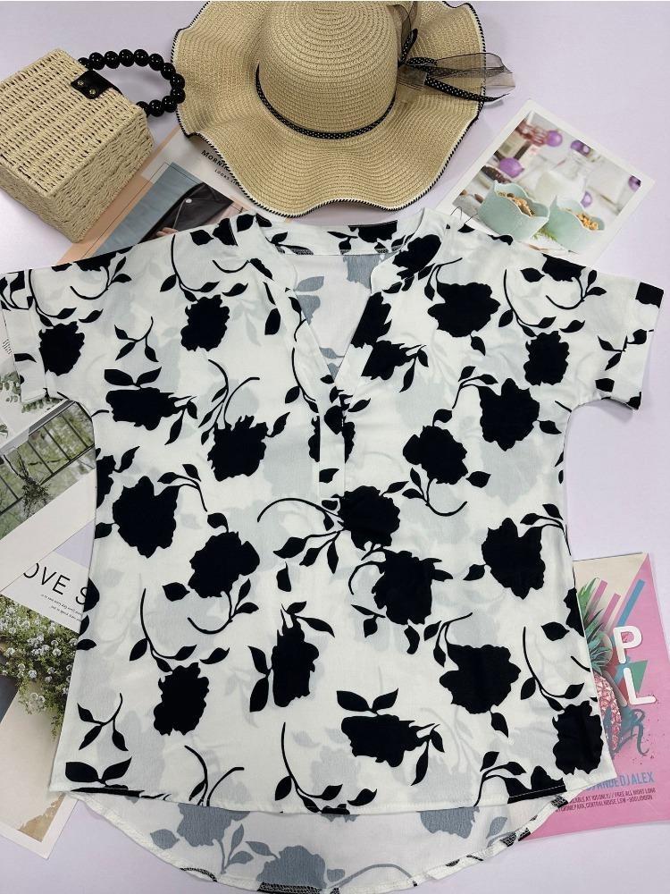 Women's Fashion Oversized White 3D Flower Print T-Shirt Summer Blouse Tee Female Tops Clothing