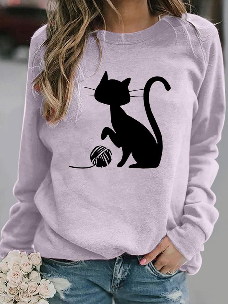 Large-sized New 3D Cute Cat Print Women's O-Neck Long Sleeve T-shirt Pullover Loose T-shirt Plus Size Casual Fashion Women's Top