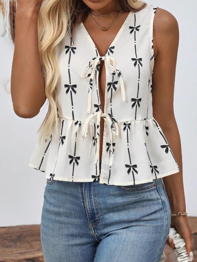 

Ladies Elegant Slim Fit V-neck Bow Printed Sleeveless Vest S