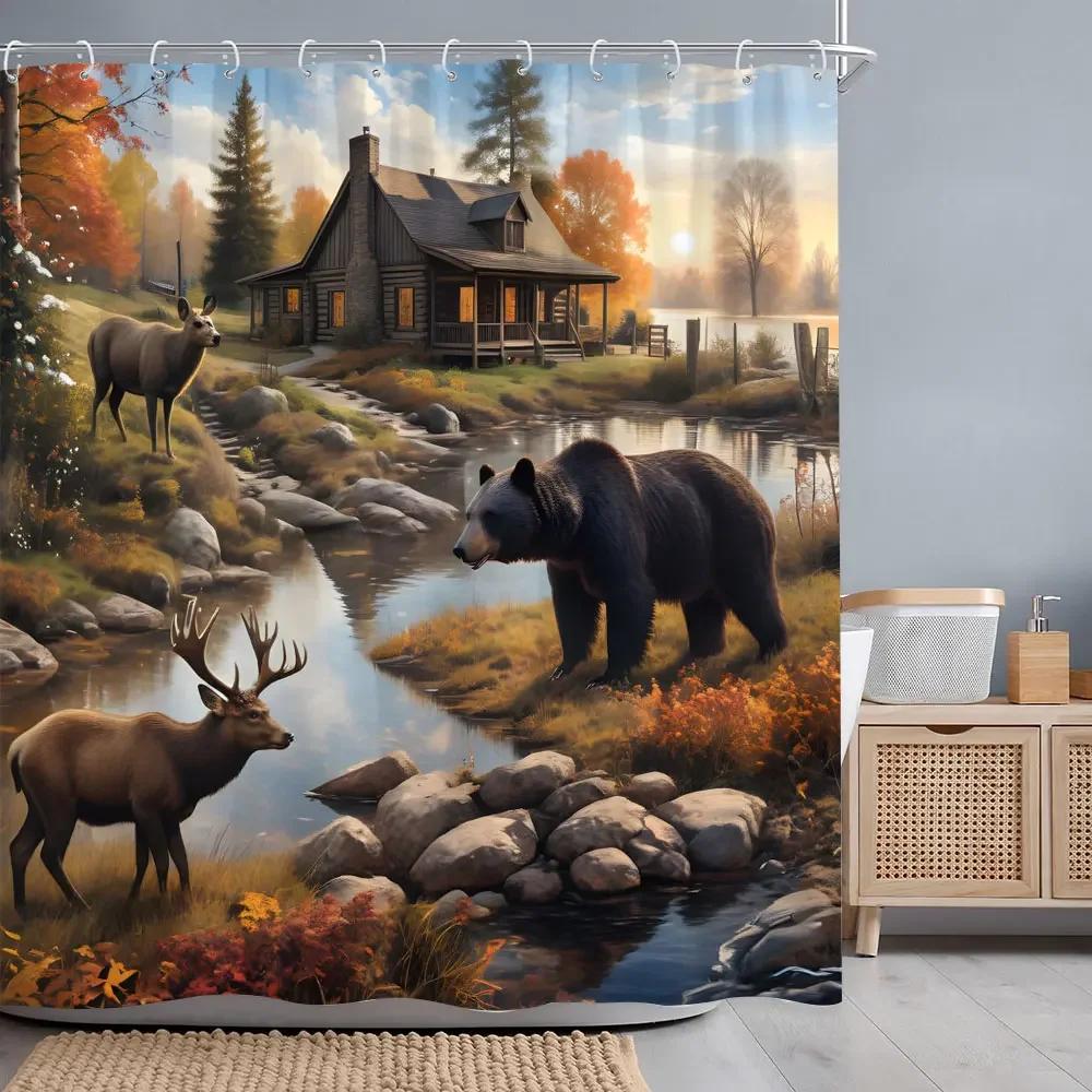 Herbstwald Hirsch Duschvorhang Fluss Sonnenuntergang Rustikale Scheune Thanksgiving Polyesterstoff Badvorhänge Badezimmerdeko mit Haken