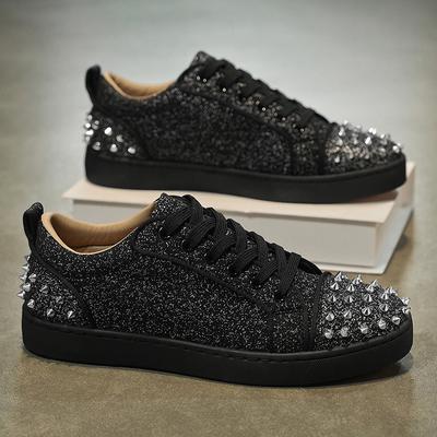 Modne Czarne Męskie Niskie Buty Deskorolkowe Męskie Designerskie Nity Błyszczące Punkowe Buty Deskorolkowe Modne Płaskie Codzienne Sznurowane Punkowy Styl Nawierzchnia Cementowa
