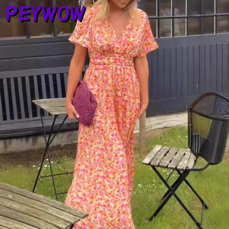PEYWOW Women's Fashion Summer Spring Short Sleeve V-Neck Casual Dresses