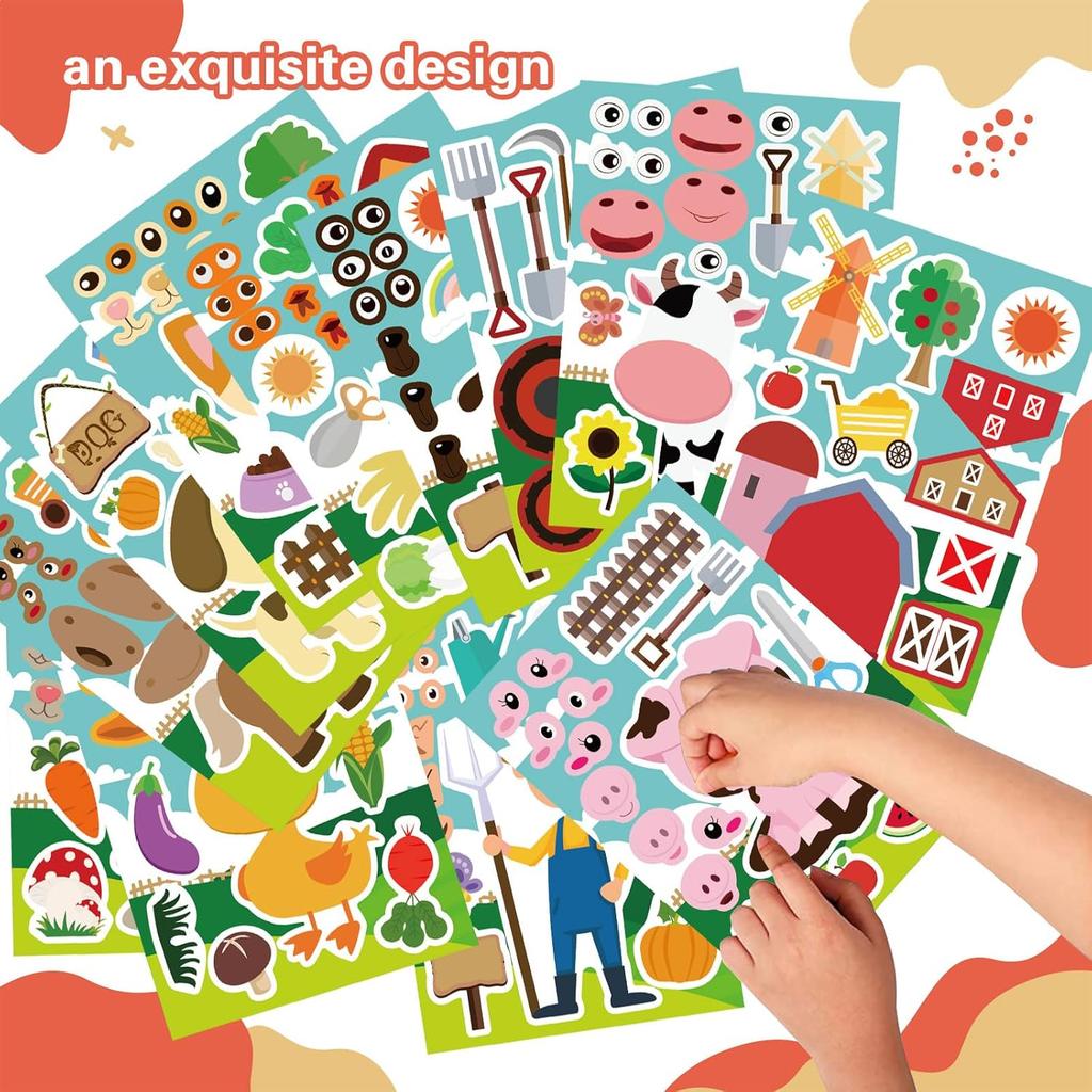 36 PCS Farm Animal Stickers Sheets, Make-a-face Sticker, Make Your Own Stickers for Kids Farm Themed Party Favors Supplies Craft Birthday Gift for