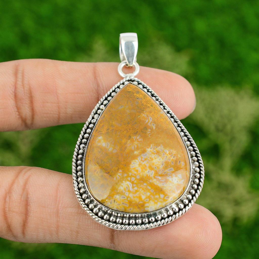 Daughters Day Deal Natural Fossil Coral Sterling Silver Handmade Trendy Pendant