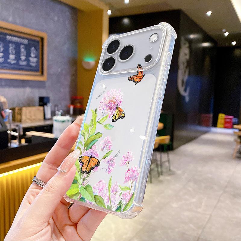 Pink butterfly mobile phone case Apple 15pro four corners anti-drop TPU transparent soft case iPhone17 light and advanced sense