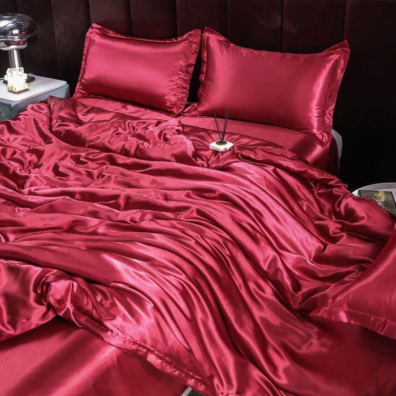 Double-sided four-piece set silky cool solid color three-piece set bed sheet quilt cover summer cool bedding