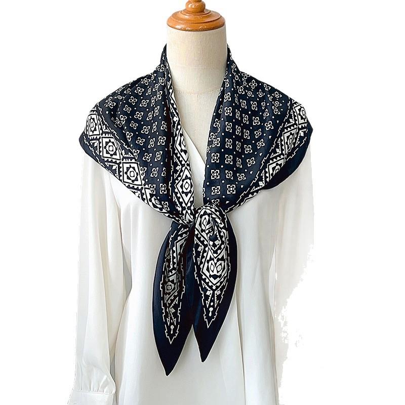 New Triangular Scarf Fart Curtain Waist Sealing Geometric Black and White Plaid Silk Scarf Women's Korean Version Retro Shawl Literary and Versatile