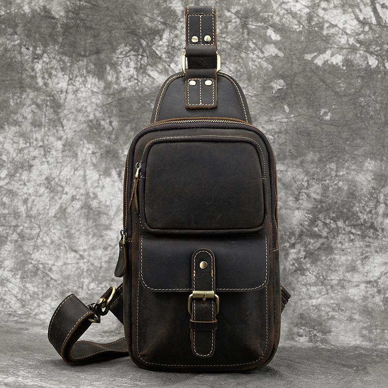 Crazy Horse Leather Chest Bag - Men's Casual Cowhide Crossbody & Shoulder Bag for Commuting & Outdoor Activities