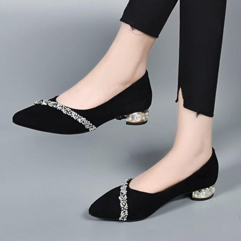 Damen-Pumps mit niedrigem Absatz, Strass, spitz, Leder, elegant, dicker Absatz, leichte Öffnung, Einzelspangen-Schuhe, Damen-Schuhe aus mattem Schafsleder, schwarz, Arbeitsschuhe