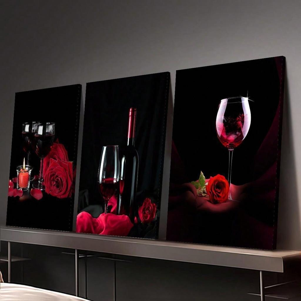 3pcs Canvas Print Decorative Painting, Wine Glasses And Roses, Red Wine, Bar Art, Wine Decorative Paintings, Light Luxury Modern Fashion Art