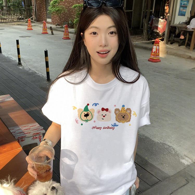 New Korean age-reducing bear print black short-sleeved t-shirt women's loose fat mm large size cotton top summer