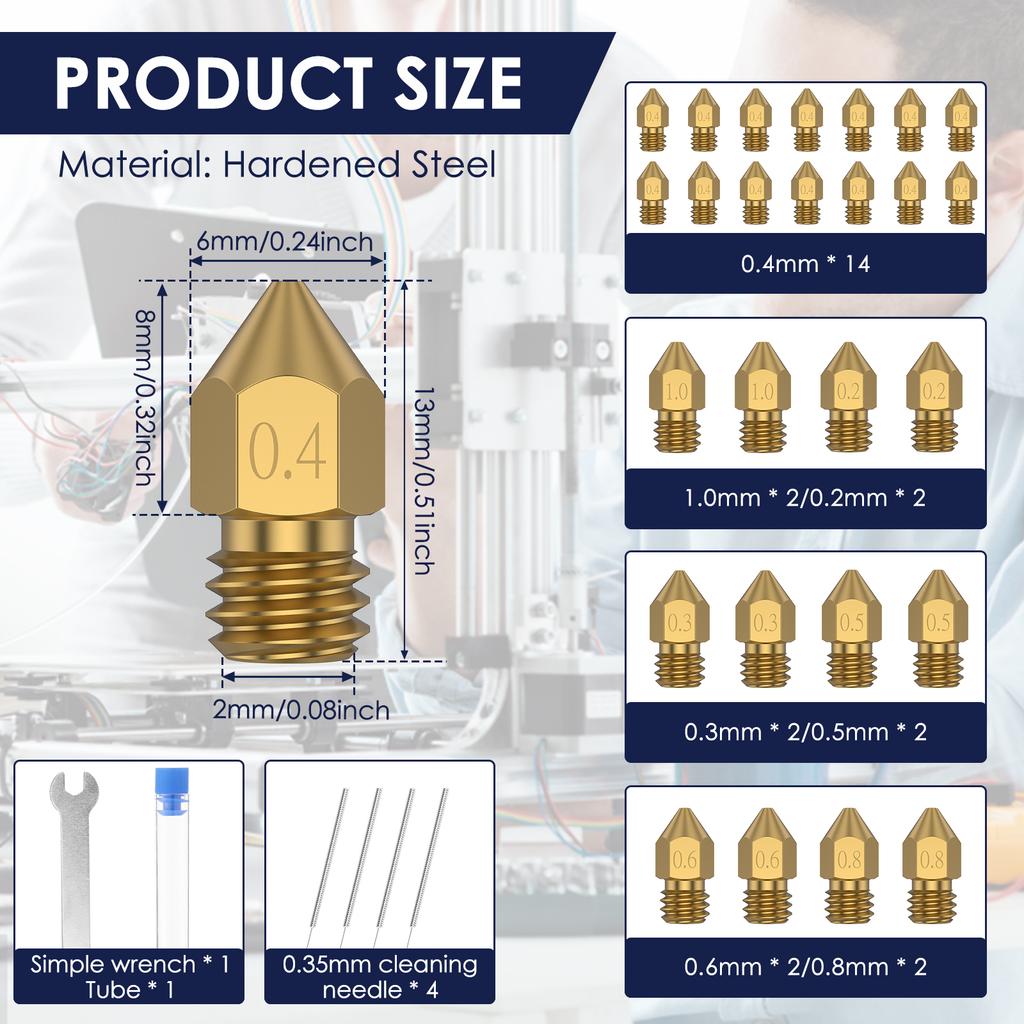 Brass 3D Printer Nozzles Kit Smooth 3D Printing Nozzles Effective Leak Proof Printing Nozzle Tips 3D Print Nozzles Printer Parts