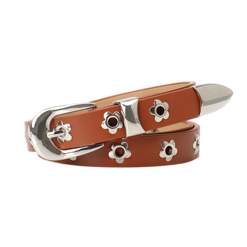 

Korean Style Flower Rivet Belt Punk Thin Waist Strap Fashion PU Leather Waistband Ladies верблюд