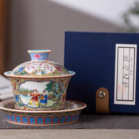 

Ceramic Enamel Color Fun Three Talent Covered Bowl High-end Non Hot Tea Bowl Household Kung Fu Teaset Gift Box Packaging