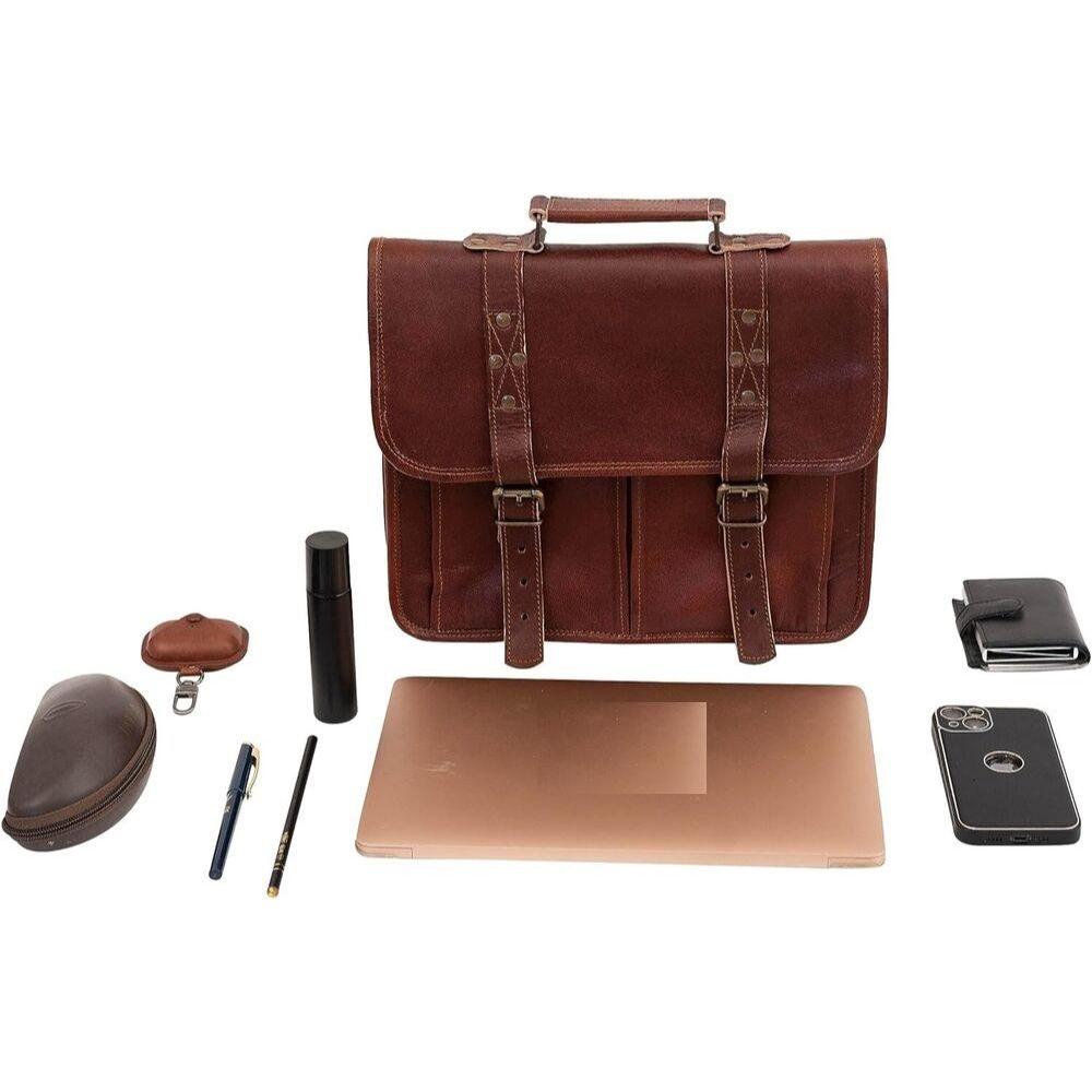 Vintage Goat Leather Messenger Real Satchel Genuine Laptop Brown Briefcase Bag