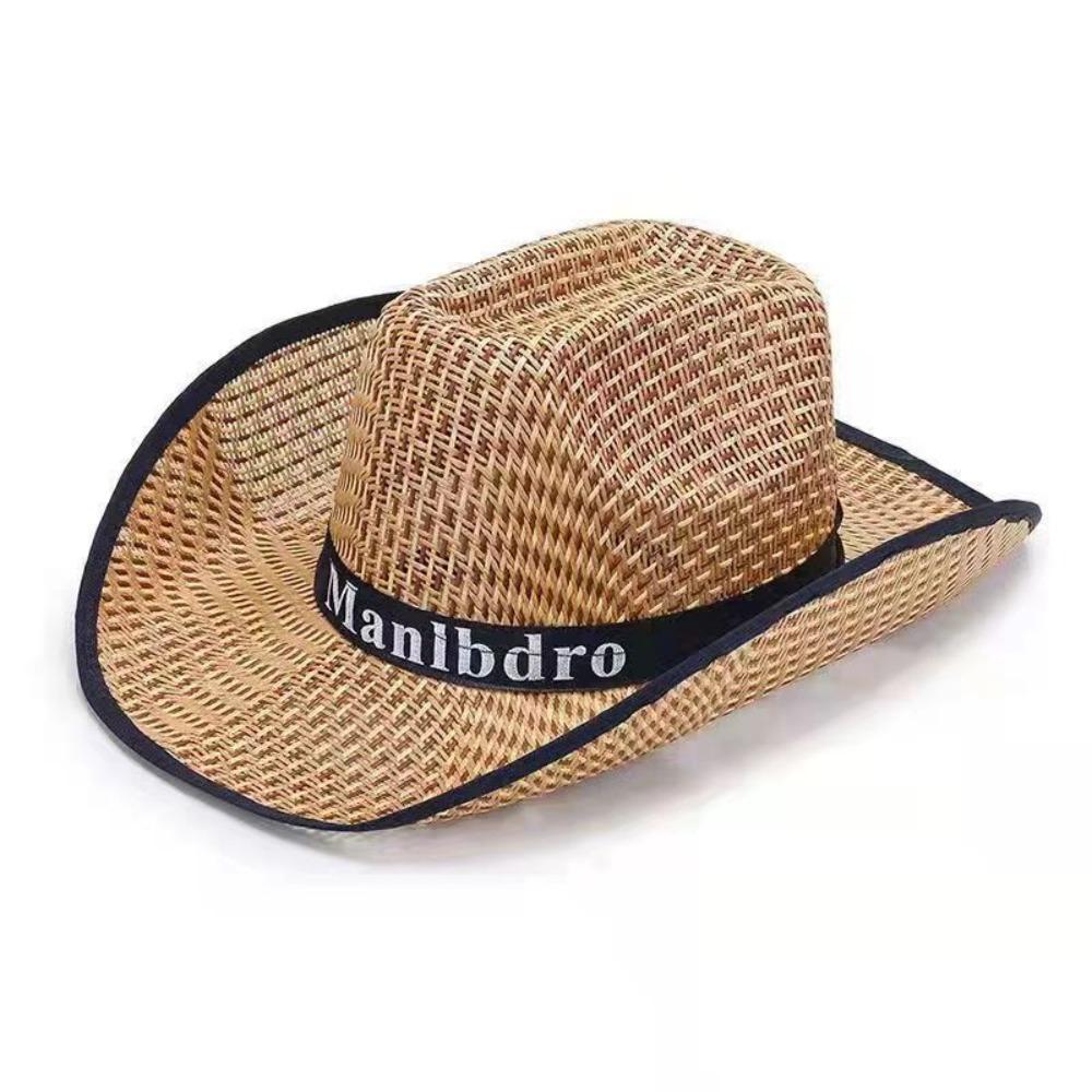 Western Cowboy Style Men Straw Hat Wide Brim Beach Hat Sun Protection Hat  for Outdoor Activities
