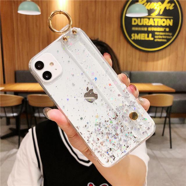Pouzdro na telefon Glitter Powser Wristband pro Iphone 13 12 11 Pro Xs Max Xr X 6 6s 7 8 Plus Transparentní měkký kryt držáku na zápěstí