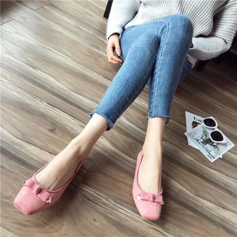Fashion Normal Leather Casual Flats Ladies Footwear Low Heel Elegant Blue Square Toe Women's Shoes Flat High Quality Shoe Fashion Young