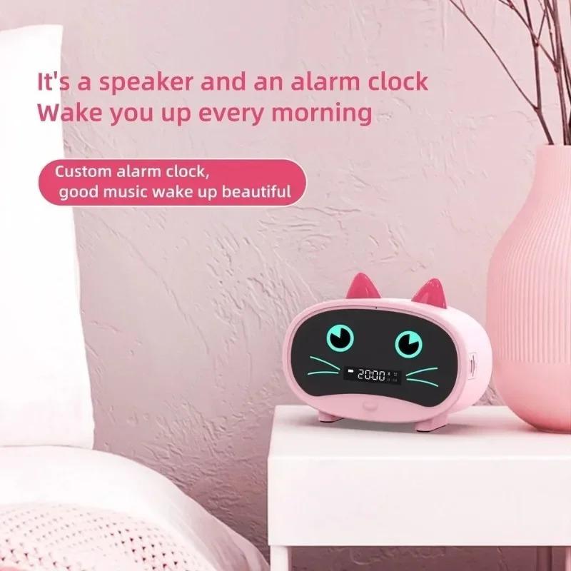 New Cute Cat Shaped Bluetooth Speaker with Alarm Clock - Portable Wireless Stereo Sound Box Music Player with Subwoofer Function
