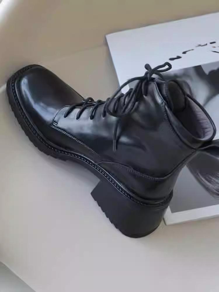 

6 heightening cm fried street black Martin boots women s 2025 new autumn and winter British style soft leather square head high-heeled short boots 39