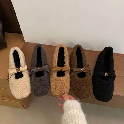 Inner Height Increase Gentle Shallow Mouth Mary Jane Shoes Autumn and Winter Soft Sole Plush Beanie Shoes Women