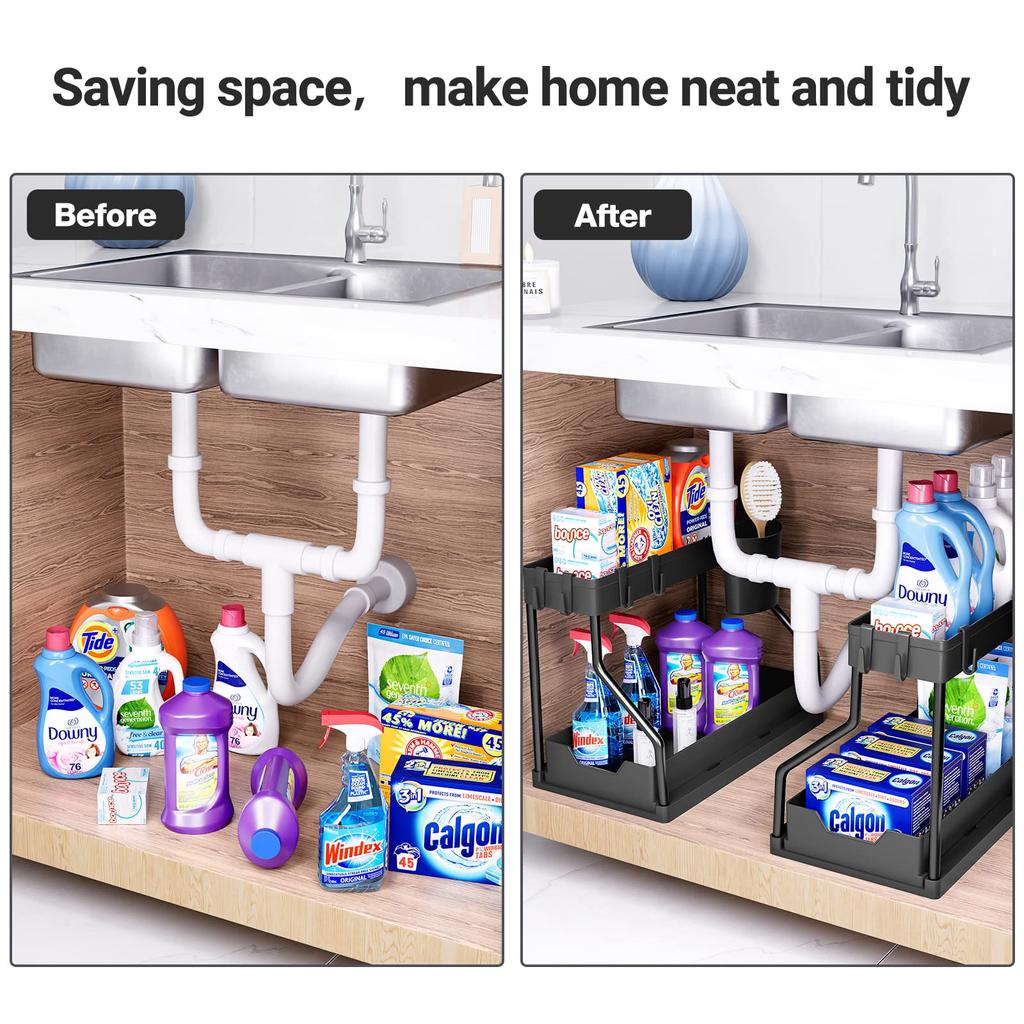 Under Sink Organizer 2-Tier L-Shape Sliding Under Sink Organizers and Storage, Pull Out Under Sink Counter Storage Organizer