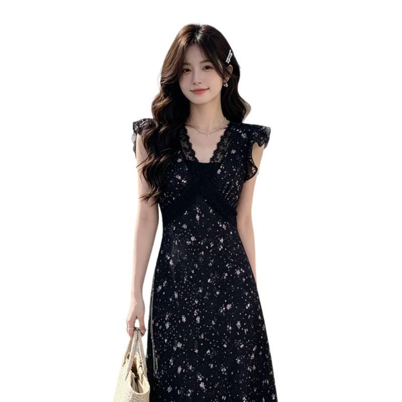 Black Lace Splicing Floral Dress Summer Vacation French Temperament Diagonal Cut Waist Long Dress