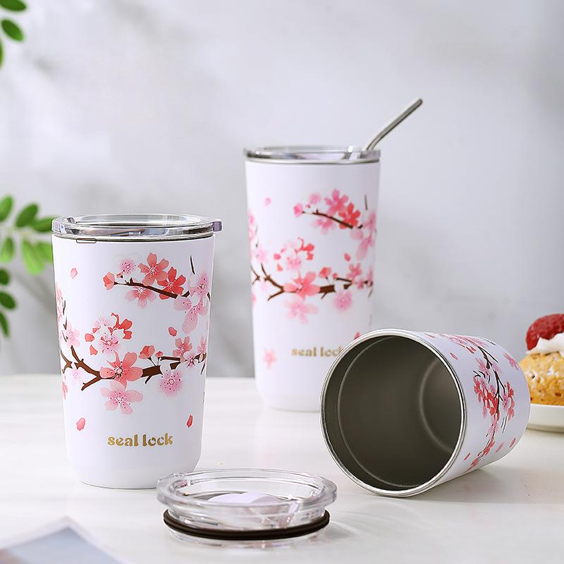 Cherry Blossom Patten Coffee Mugs with Lid Stainless Steel Leak-Proof Sealed Milk Juice Tea Cup Travel Camping Tumbler Drinkware