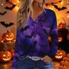 Women’s Casual Halloween Bat Print V Neck Decorative Button Long Sleeve T Shirt Top for Daily Wear and Holiday