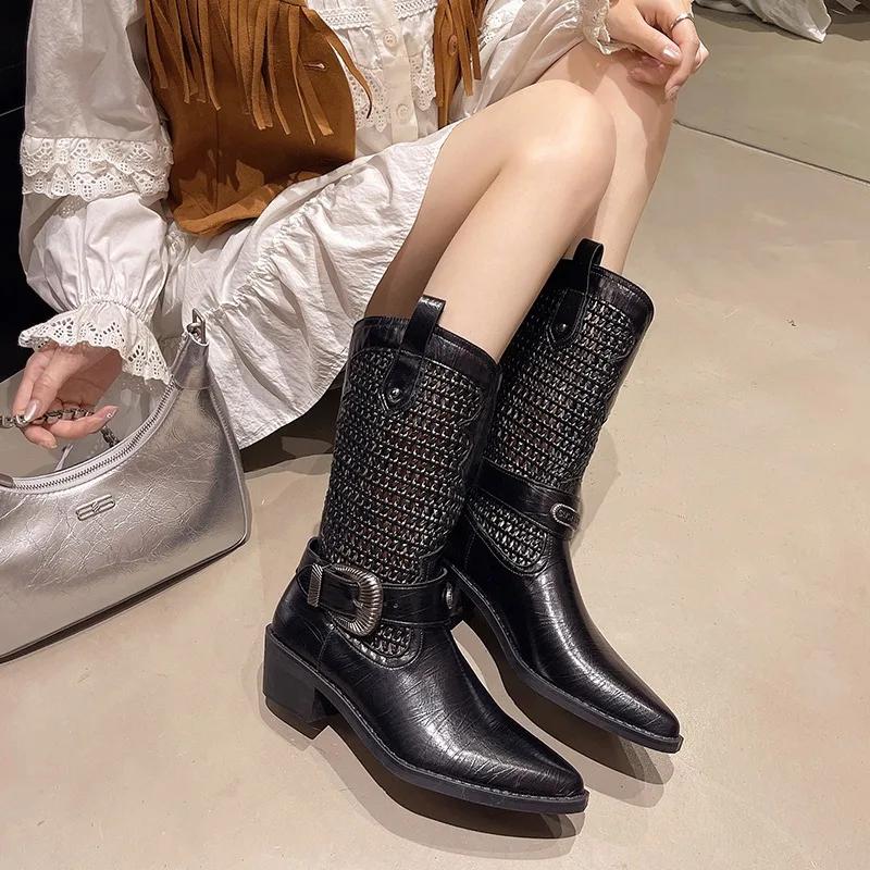 Fashion New Fashion Temperament Fashion Boots Pointed Toe Cutout Woven Women's Shoes 2025 New Boots