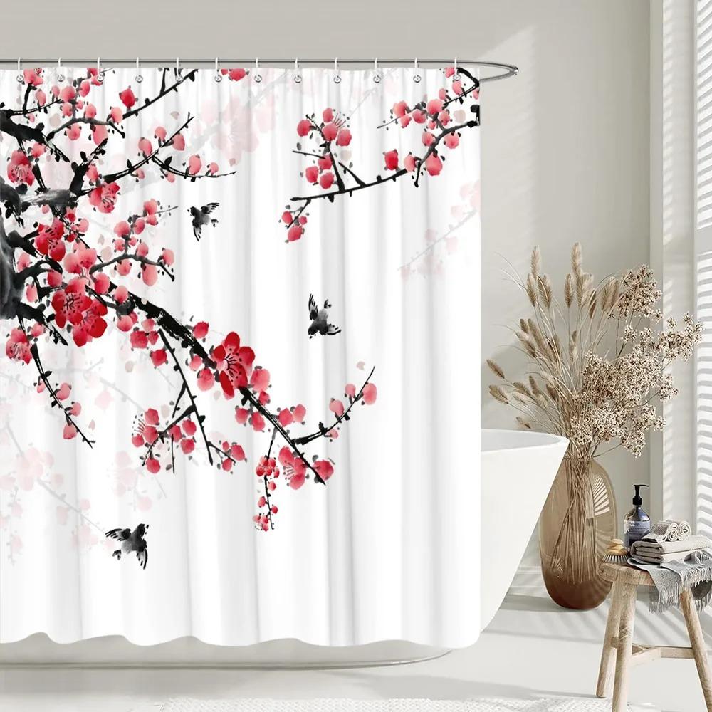 Aesthetic Floral Shower Curtain Watercolour Plum Artist Home Bathroom Decor Polyester Washable Shower Curtains Set With Hooks