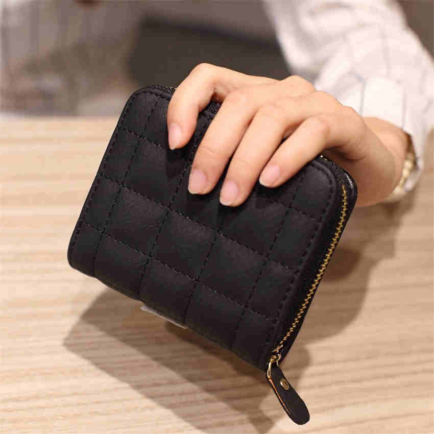 Females Short Wallets PU Leather Plaid Purses Card Holder Wallet Zipper Wallet Coin Purse