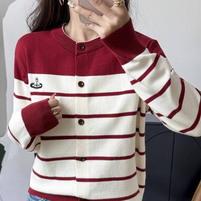 Retro Color-blocked Striped Round-neck Knitted Cardigan Women's Short Coat Sweater Spring and Autumn New Design Niche Top