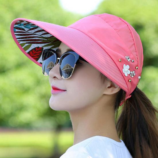 Women Solid Color Wide Brim Beads Flower Decor Sun Hat Visors Outdoor Sports Cap