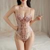 Lace Deep V Embroidery Suspender Inside with Onesie Backless Retro Floral Sexy Strap Splicing Mesh Flower