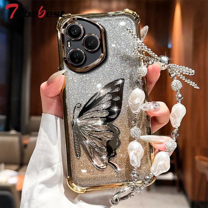 Custodia Braccialetto Glitterata Placcata Antiurto Farfalla Laser Per Huawei Honor 400 300 Ultra 200 100 90 Lite 80 70 60 Pro Cover