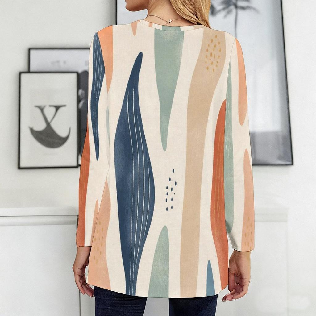 Women Plus Size Round Neck Long Sleeve Geometric Printed Loose Longline T Shirt With Pockets