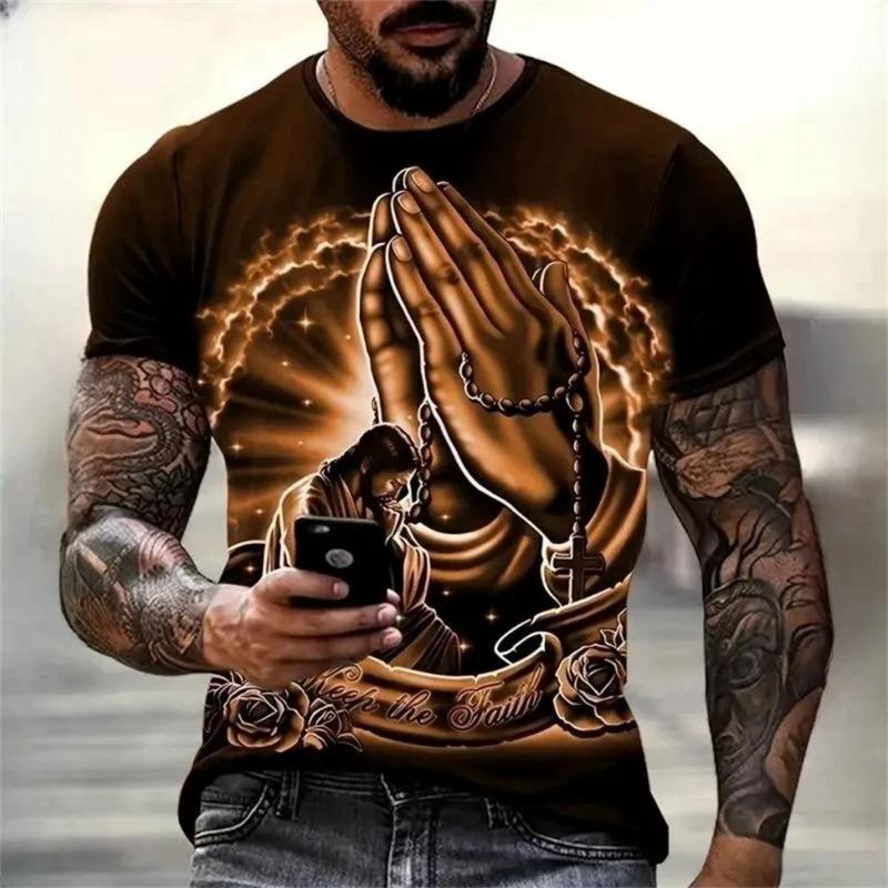 Christianity Pray T-Shirts Fashion 3D Jesus Print T Shirt for Men Casual O-Neck Oversized Short Sleeve Tops New Vintage Clothes