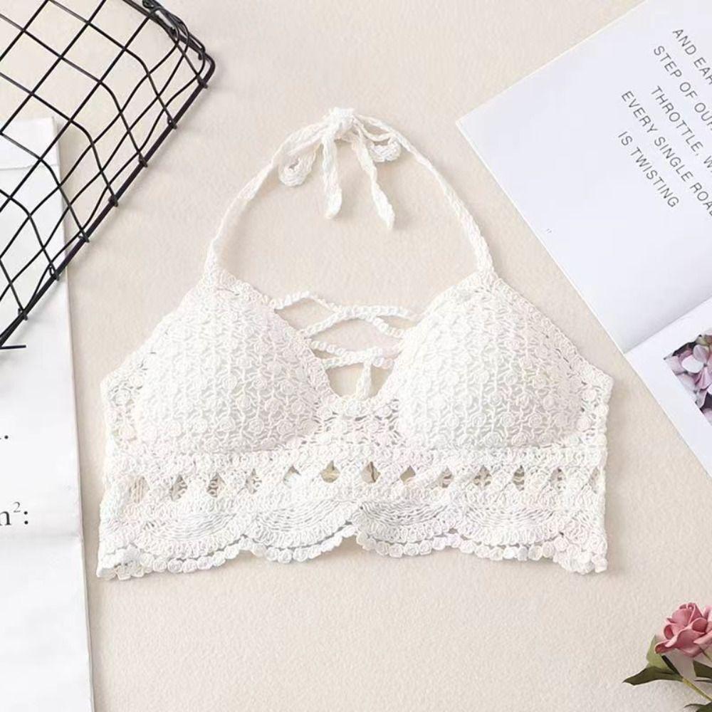 Sleeveless Hanging Neck Crochet Crop Tops Cotton Cardigan Bohemian Style Vest Female Camisole
