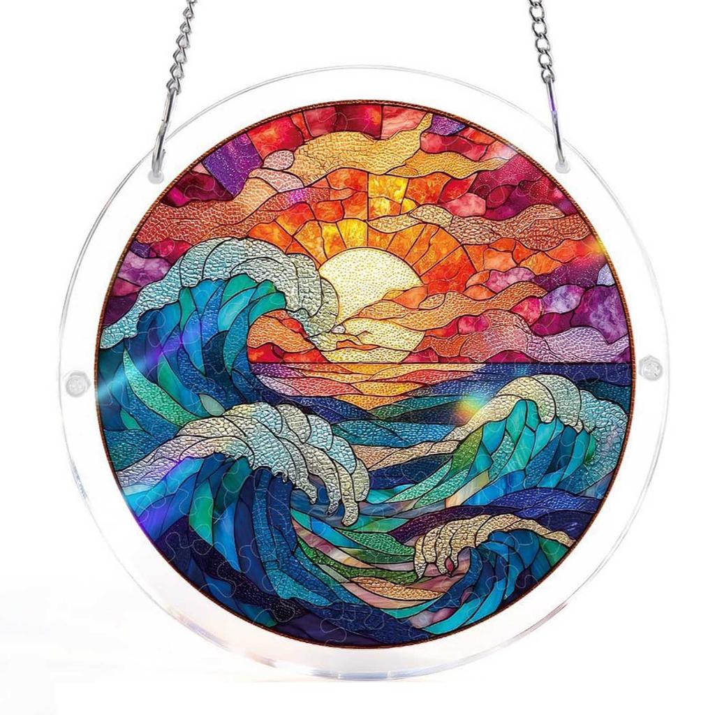 Stained Glass Acrylic Puzzle Suncatcher, DIY Hanging Ornament With Chain, Window Decor For Home & Garden