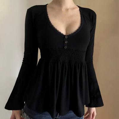 Blusa Preta Decote V Manga Longa Feminina Botões Frontais Barra Flare Slim Casual