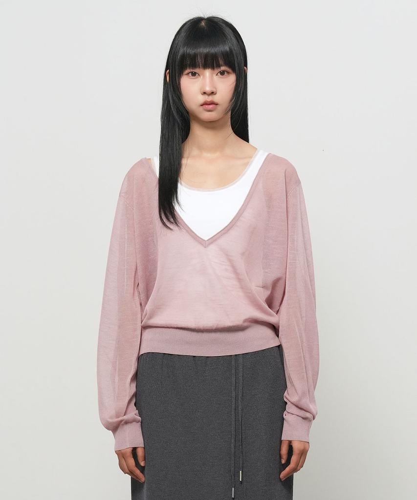 GENERALIDEA Deep V-Neck See-Through Knit Pullover [Ash Pink] / Gf2Lkp544