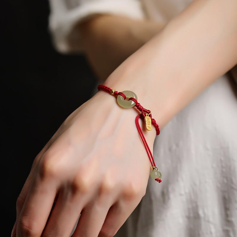 Natural Hetian Jade Peace Buckle Red Rope Bracelet for Women, Light Luxury Niche Exquisite Zodiac Jewelry