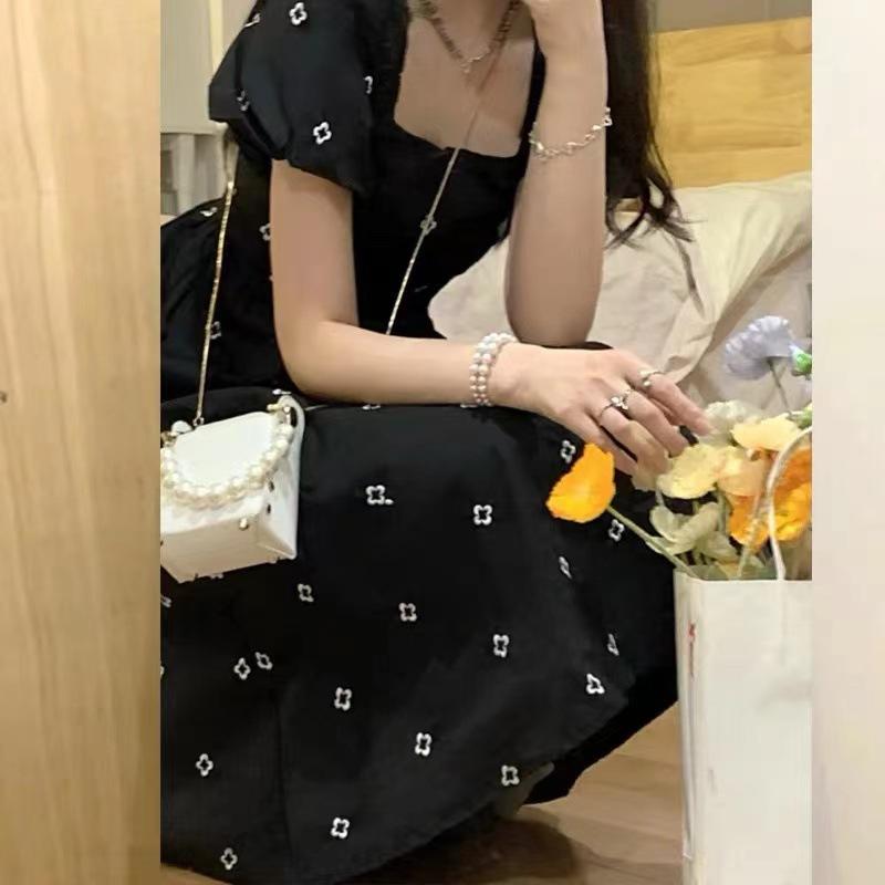 New sweet square neck black floral dress for women's summer high-end waist and thin dress
