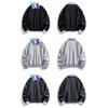 Wassup Retro Striped Patchwork Lapel Fake Two-Piece Sweatshirt for Women, Autumn Gray Loose Lazy Style American Top